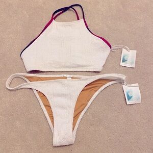 NWT Made by Dawn Bikini Sz. M Top and Sz. L bottom (White with Magenta trim)